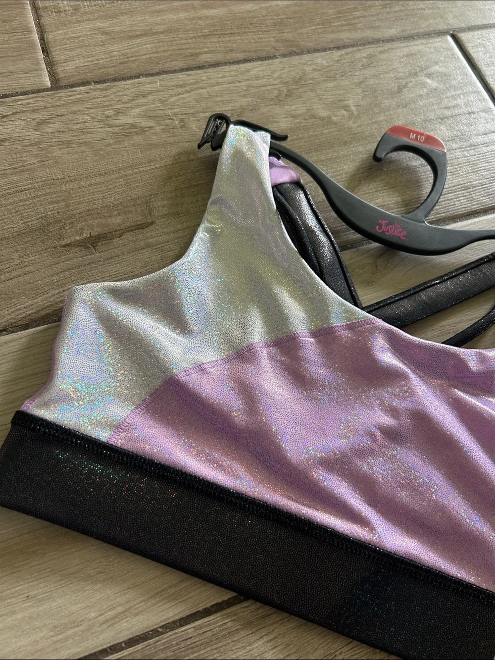 Justice Iridescent White and Lavender Dance Sports Bra with Black Band
